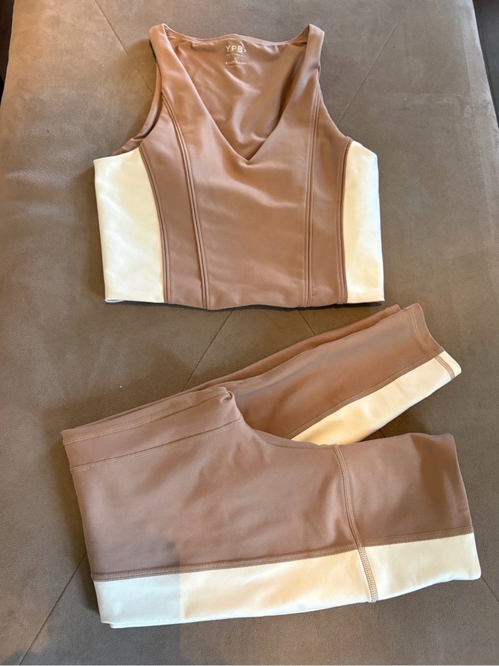 YPB Two-Tone High-Waist Leggings Set in Taupe & Cream